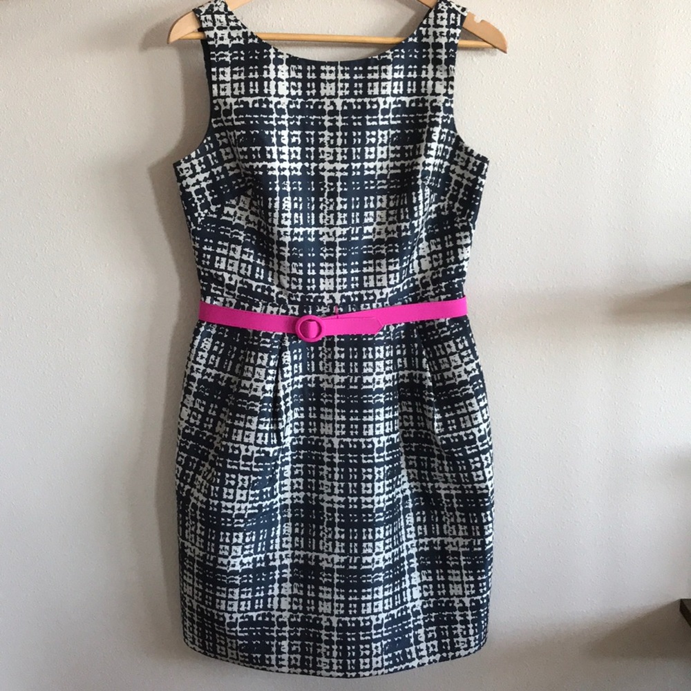 Eliza J Navy Print Dress with Hot Pink Belt - sz 8